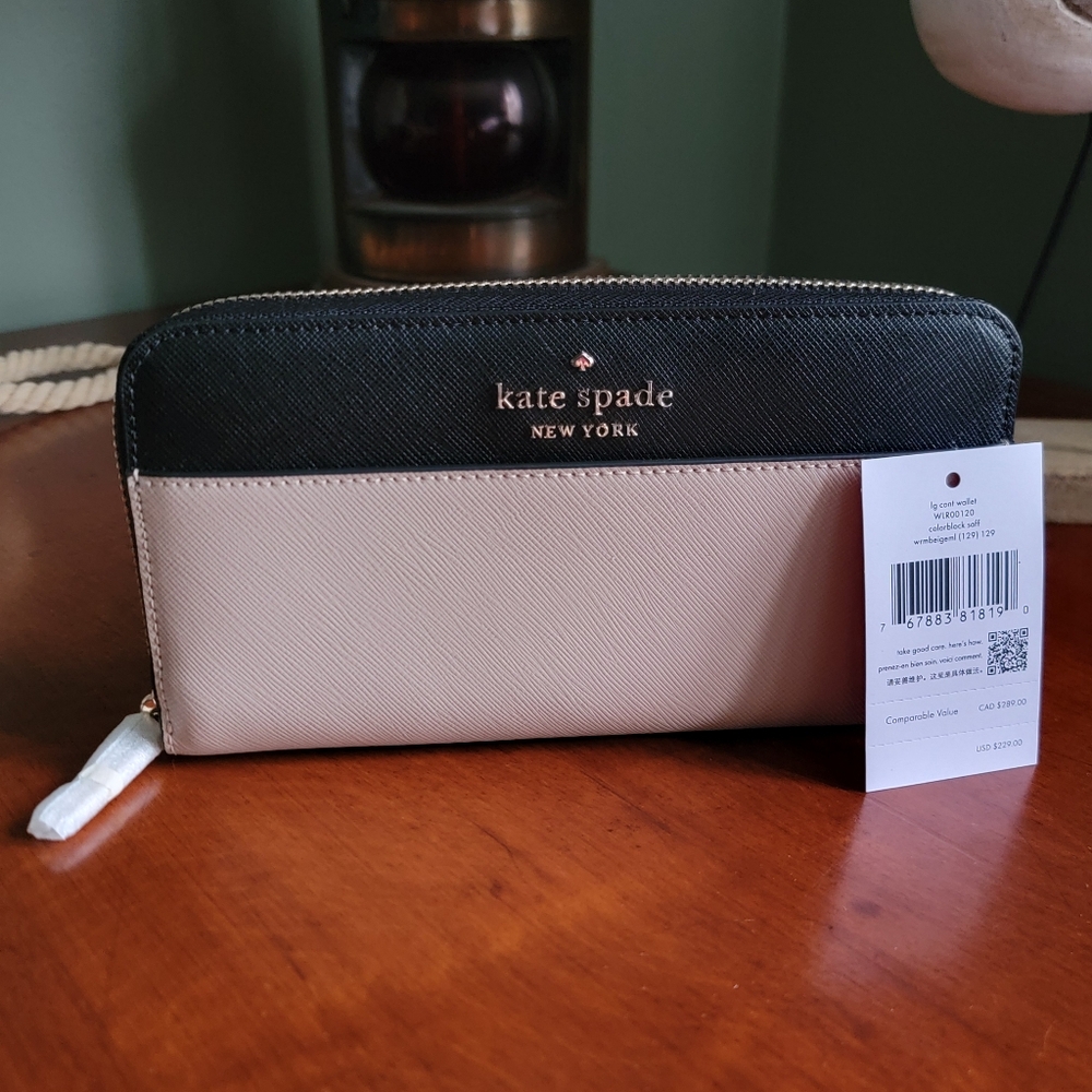 NWT Kate Spade Large Continental Wallet Colorblock Warm Beige Black Leather